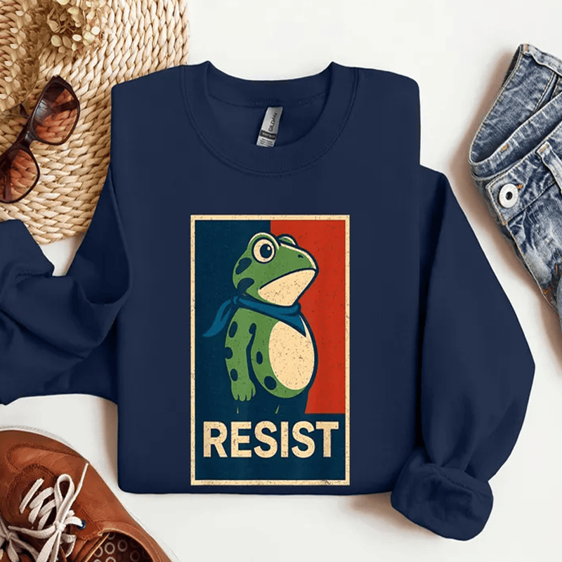 Fun Resistance Frog Print Long Sleeve Sweatshirt - Dark Blue - 5XL - image 5