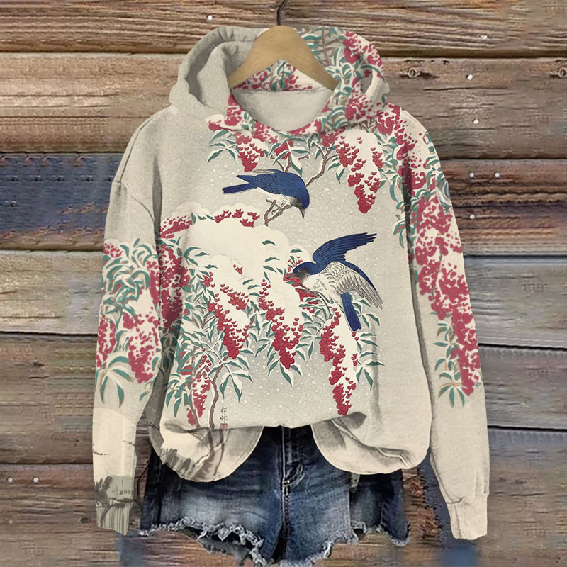 Japanese Vintage Swallow & Blossom Print Long-sleeved Hoodie - Light Gray - 8XL - image 1