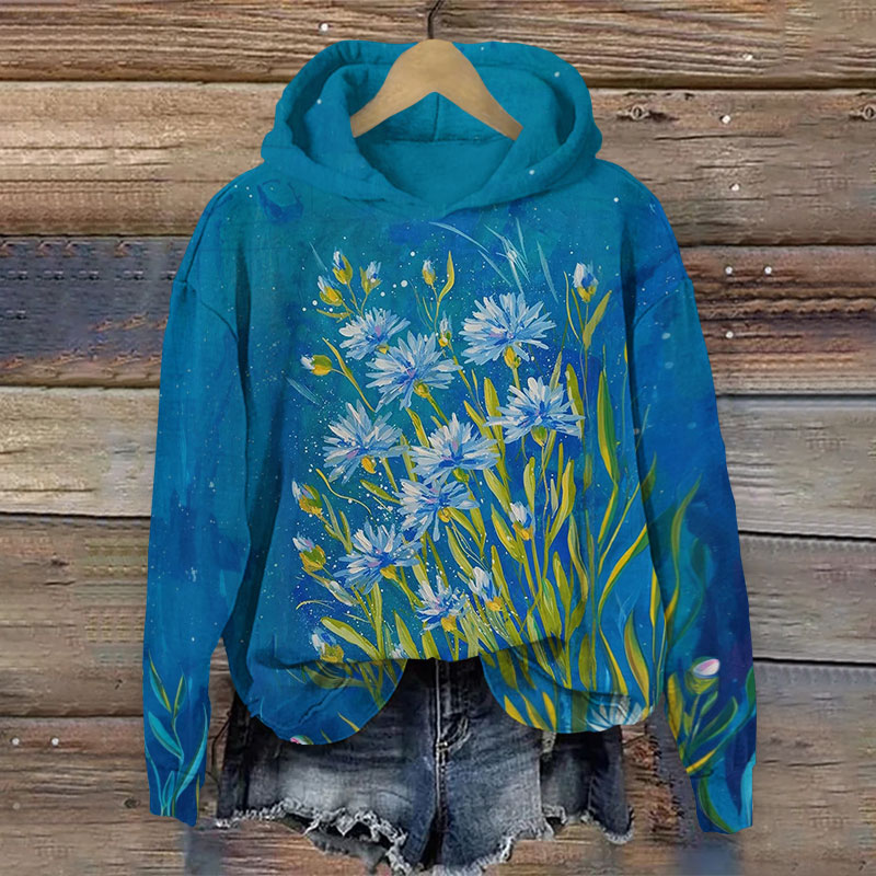 Vintage Oil Painting Blue Dandelion Art Print Long-sleeved Hoodie - Blue - 8XL - image 1