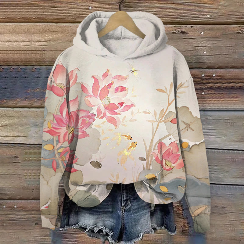 Retro Lotus And Koi Print Long Sleeved Hoodie - Light Gray - 8XL - image 1