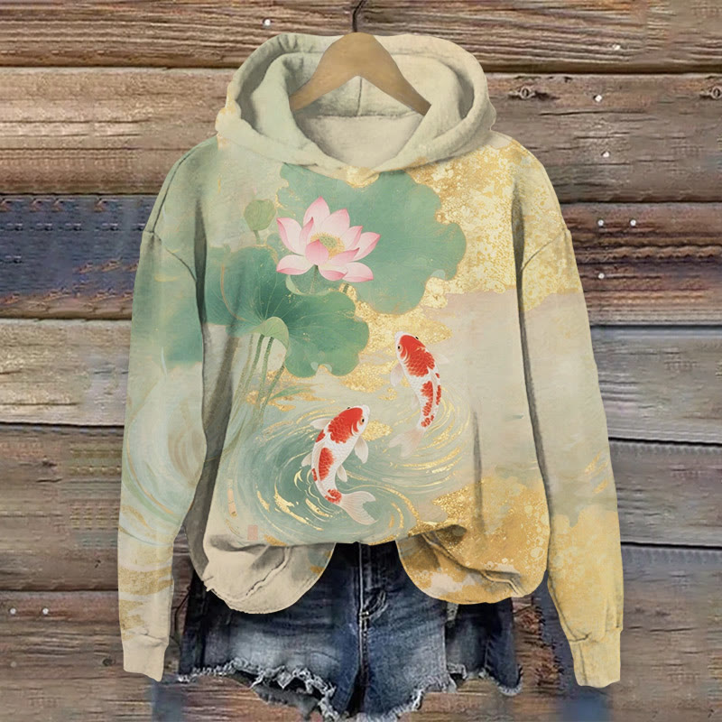 Women's Retro Lotus and Koi Print Long Sleeved Hoodie - Khaki - 8XL - image 1