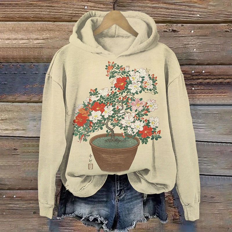 Japanese Vintage Potted Flowers Print Long-sleeved Hoodie - Khaki - 8XL - image 1
