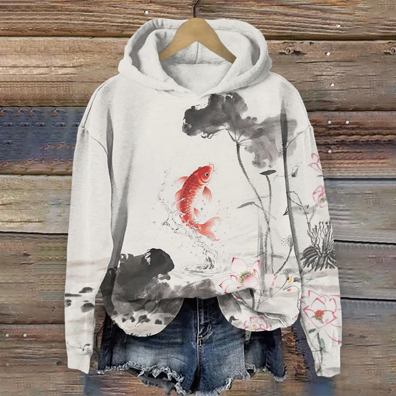 Ink Painting Lotus And Koi Print Long Sleeved Hoodie - Light Gray - 8XL - image 1