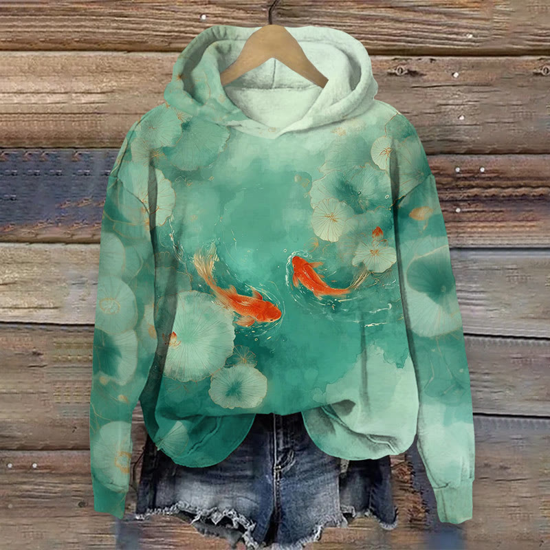 Retro Pond Lotus Leaf Koi Print Long Sleeved Hoodie - Green - 8XL - image 1