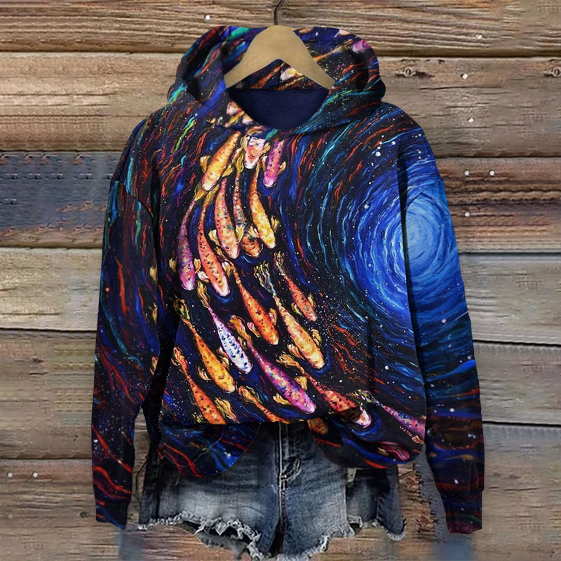 Oil Painting Colored Fish Swirl Print Long-sleeved Hoodie - Blue - 8XL - image 1