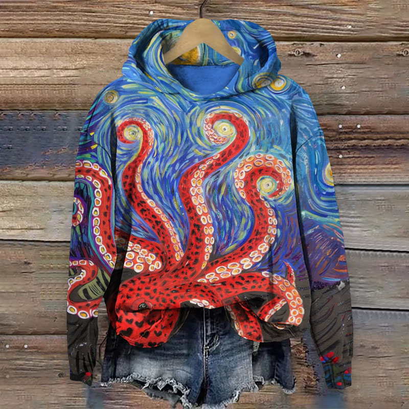 Oil Painting Unique Red Octopus Print Long-sleeved Hoodie - Blue - 8XL - image 1