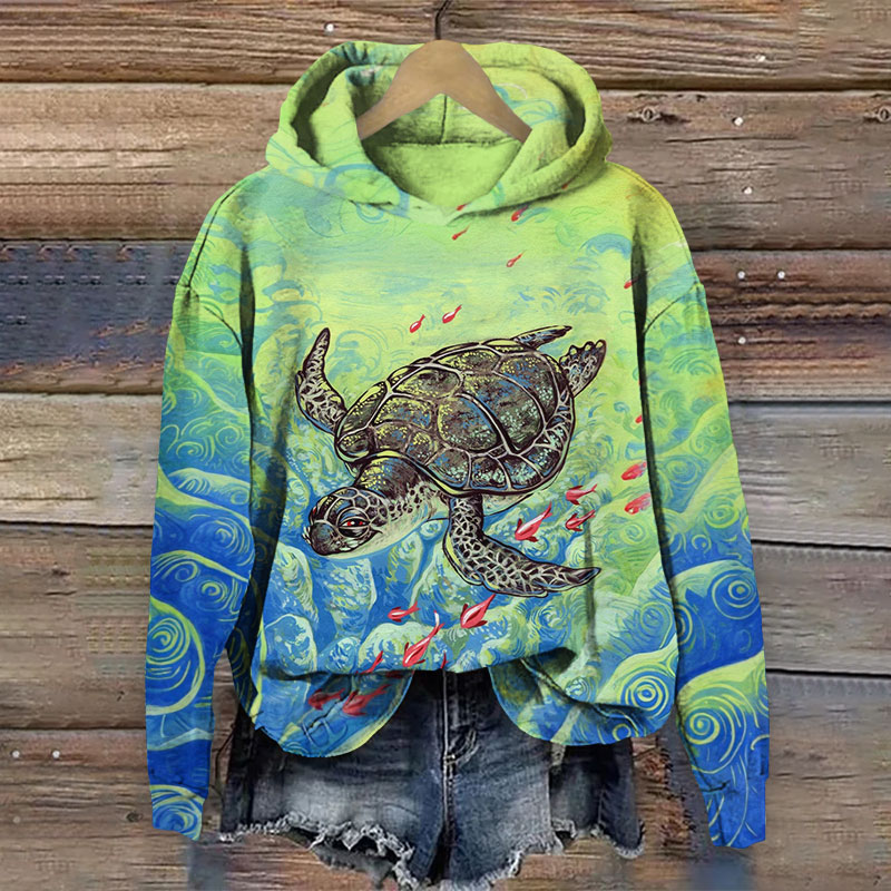 Vintage Underwater Sea Turtle Print Long-sleeved Hoodie - Green - 8XL - image 1