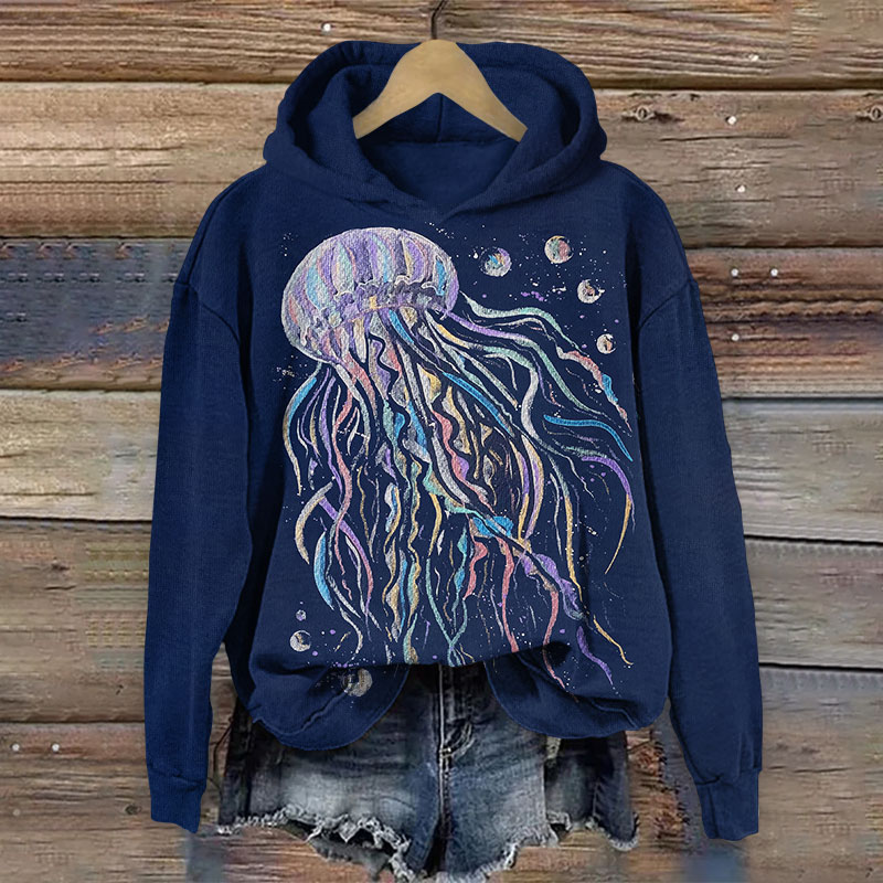 Retro Fantasy Colorful Jellyfish Print Long-sleeved Hoodie - Navy Blue - 8XL - image 1