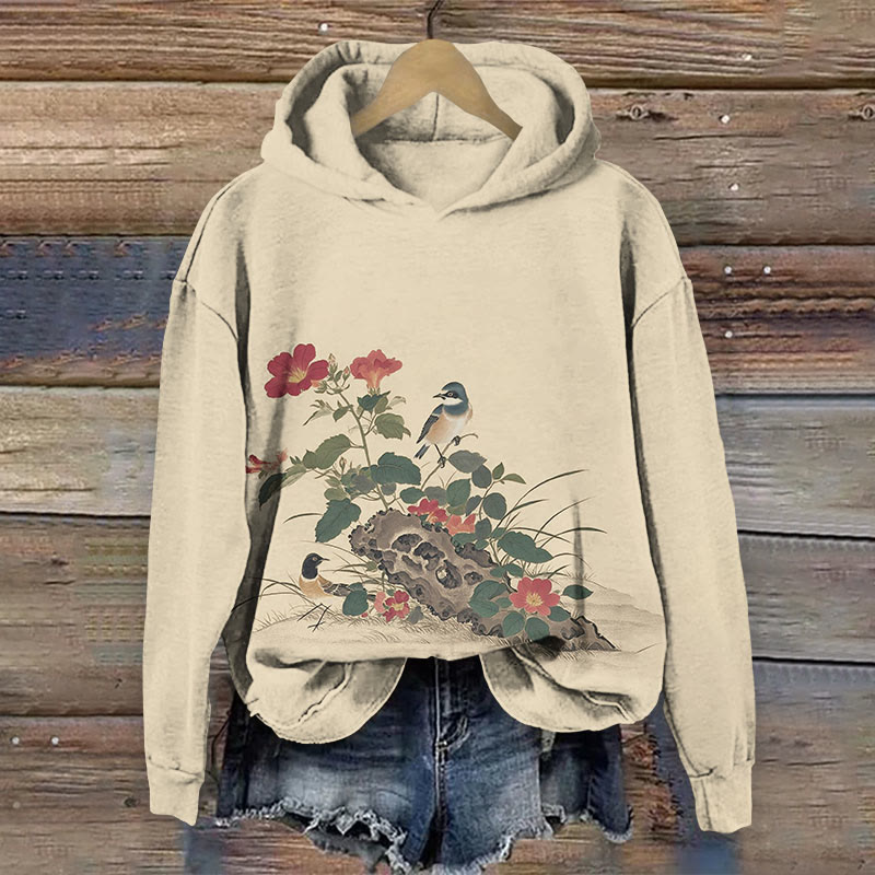 Japanese Vintage Birds & Blossom Art Print Long Sleeve Hoodie - Apricot - US44-46(8XL) - image 1