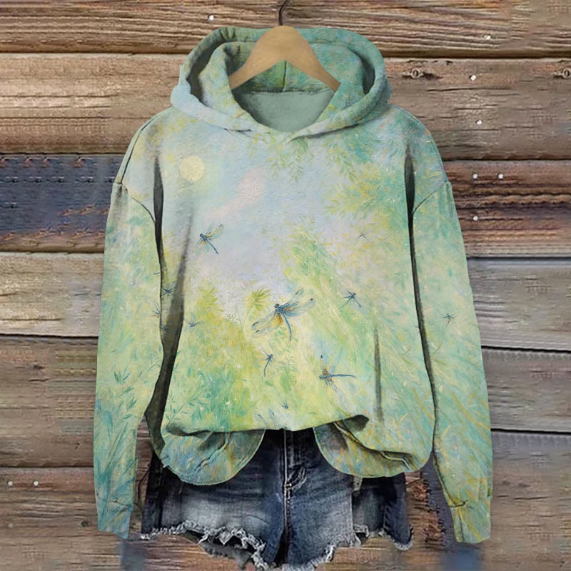 Vintage Watercolor Forest Dragonfly Art Print Long Sleeve Hoodie - Green - US44-46(8XL) - image 1