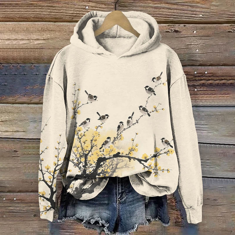 Japanese Vintage Yellow Floral And Birds  Art Print Long Sleeve Hoodie - Beige - US44-46(8XL) - image 2