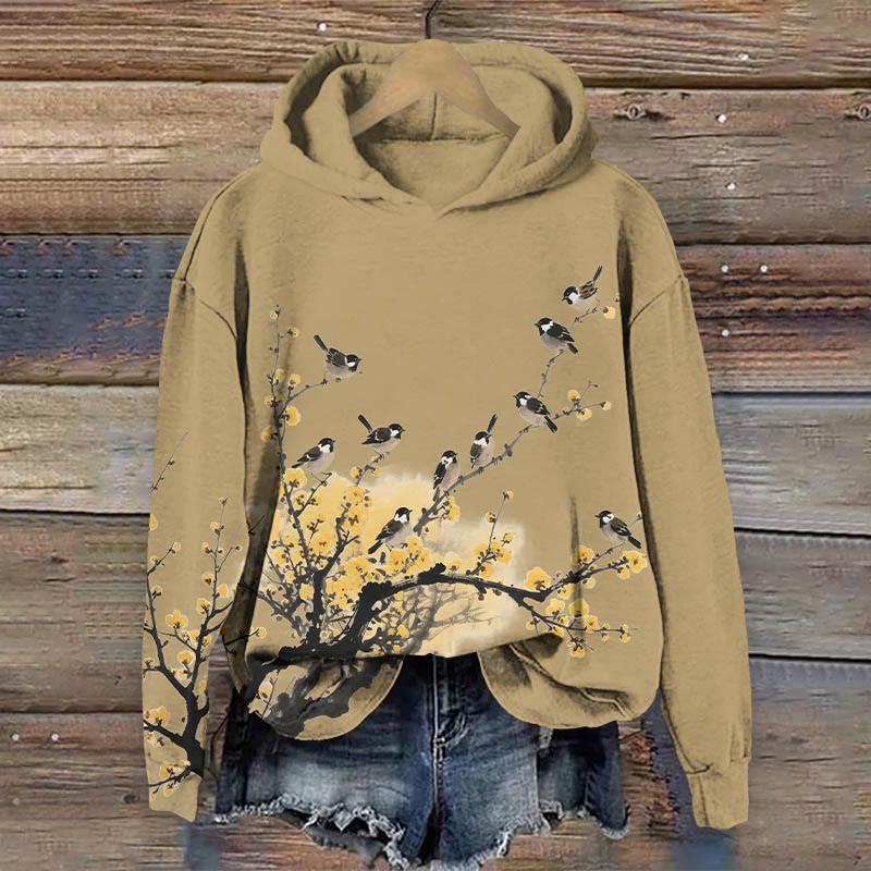 Japanese Vintage Yellow Floral And Birds  Art Print Long Sleeve Hoodie - Khaki - US44-46(8XL) - image 1