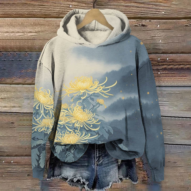 Vintage Blue Ink Mountain & Chrysanthemum Art Print Long Sleeve Hoodie - Blue - US44-46(8XL) - image 1