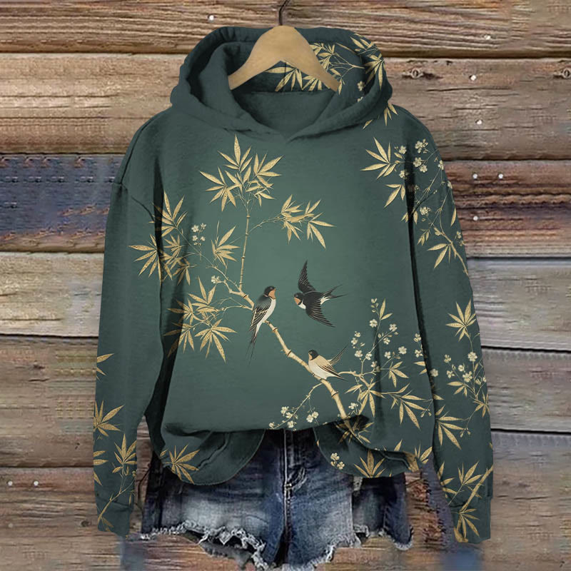 Japanese Vintage  Bamboo & Bird Pattern Art Print Long Sleeve Hoodie - Green - US44-46(8XL) - image 2