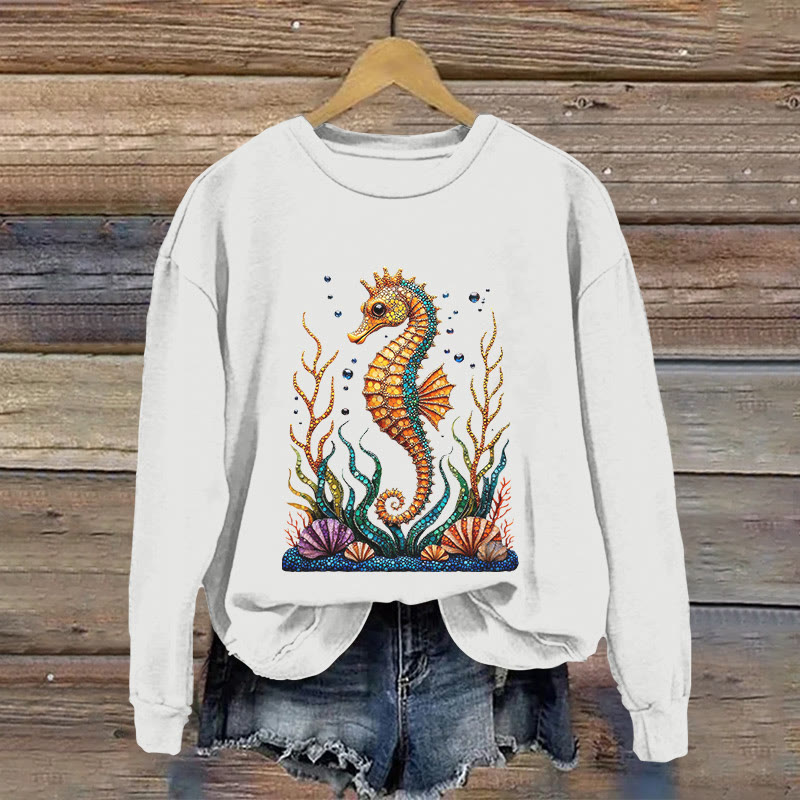 Seahorse And Coral Pattern Print Long Sleeve Sweatshirt - White - US16-18(2XL) - image 3