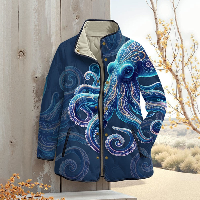 Vintage Wise Ocean Octopus Printouterwear Jackets - Blue - 4XL - image 1