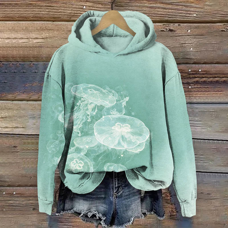 Vintage Blurry Transparent Jellyfish Art Print Long Sleeve Hoodie - Green - US44-46(8XL) - image 2