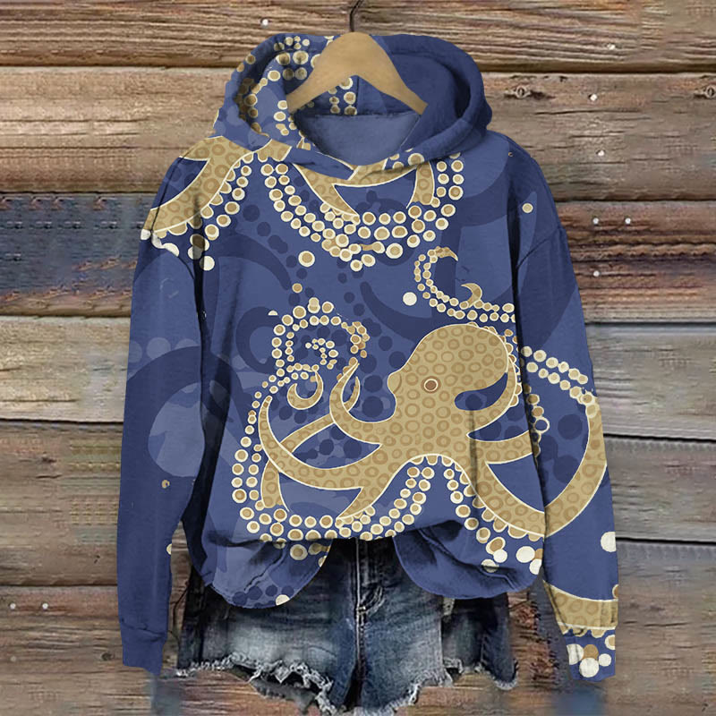 Funny Circle Pattern Octopus Art Print Long Sleeve Hoodie - Blue - US44-46(8XL) - image 2