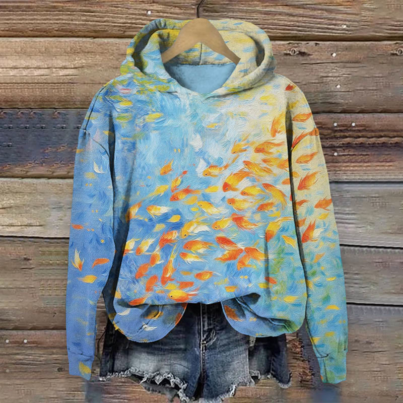 Oil Painting Red Goldfish Art Print Long Sleeve Hoodie - Blue - US44-46(8XL) - image 1
