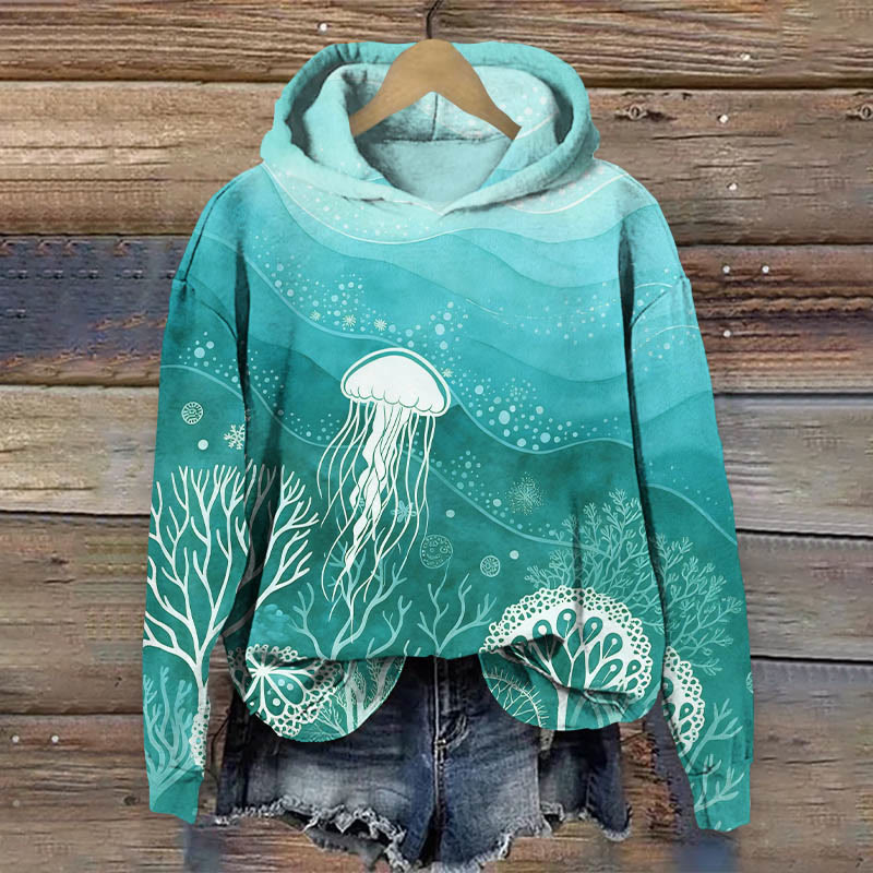 Cartoon Underwater Jellyfish & Coral Art Print Long Sleeve Hoodie - Green - US44-46(8XL) - image 2
