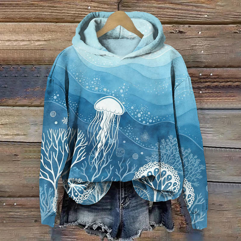 Cartoon Underwater Jellyfish & Coral Art Print Long Sleeve Hoodie - Blue - US44-46(8XL) - image 1