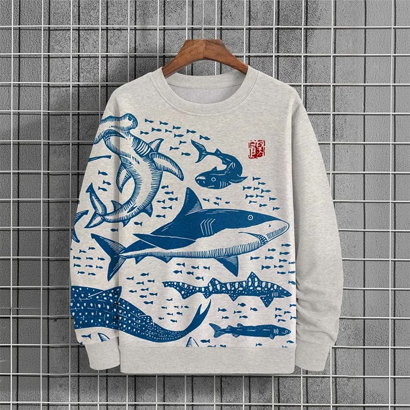 Men's Casual Ocean Whale Print Long Sleeve Sweatshirt - Blue - 6XL - image 2