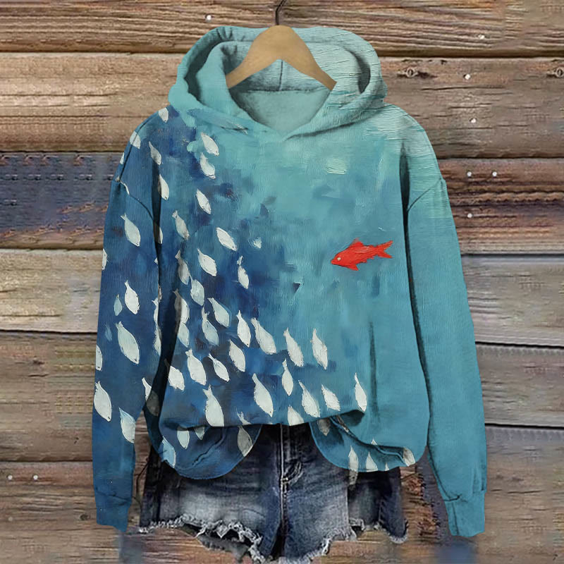 Unique Red Fish VS Shoal Of Fish Art Print Long Sleeve Hoodie - Blue - US44-46(8XL) - image 1