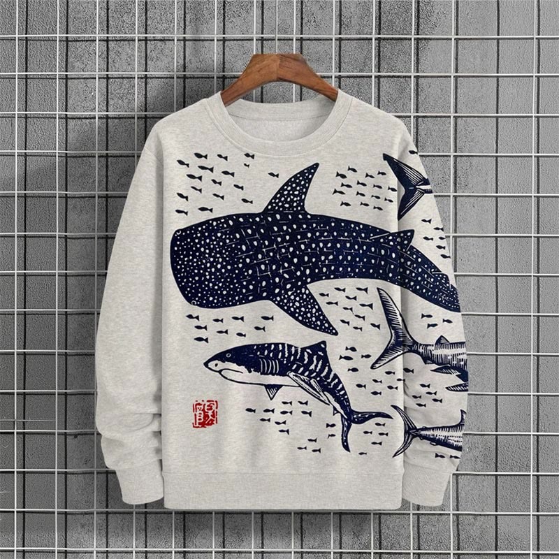 Men's Casual Ocean Whale Print Long Sleeve Sweatshirt - Dark Blue - 6XL - image 2