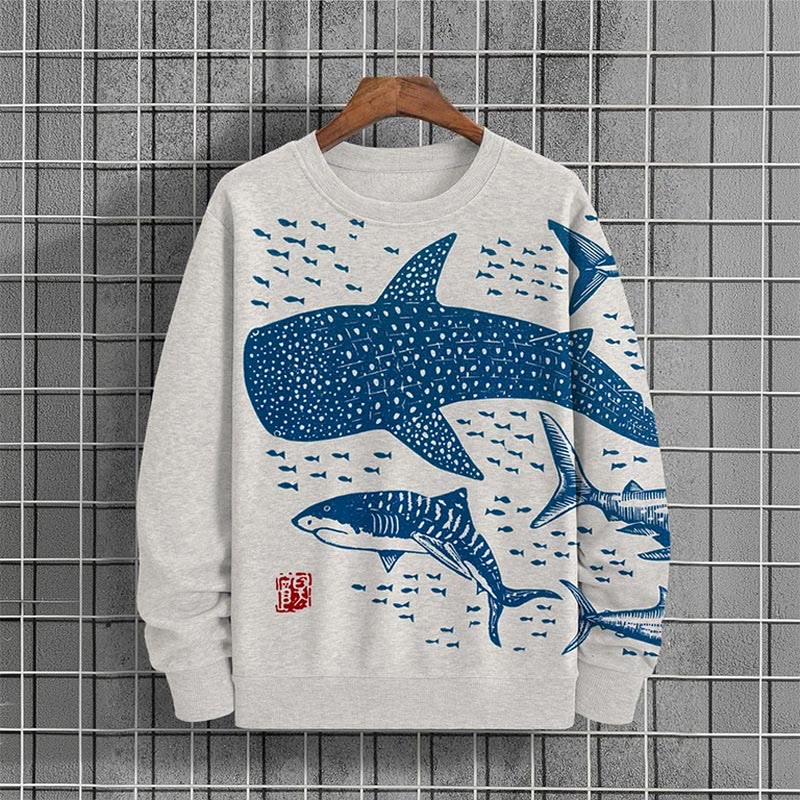 Men's Casual Ocean Whale Print Long Sleeve Sweatshirt - Blue - 6XL - image 1