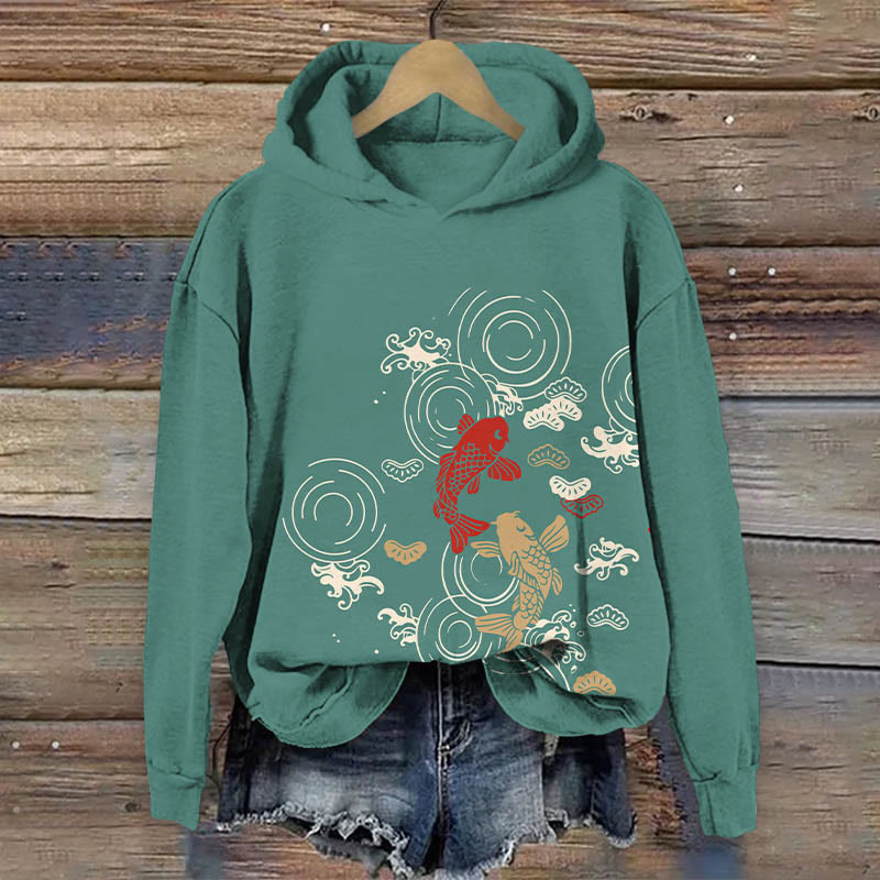 Japanese Vintage Cartoon Koi Carp Art Print Long Sleeve Hoodie - Green - US44-46(8XL) - image 2