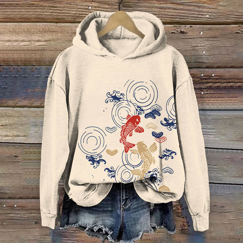 Japanese Vintage Cartoon Koi Carp Art Print Long Sleeve Hoodie - Apricot - US44-46(8XL) - image 1