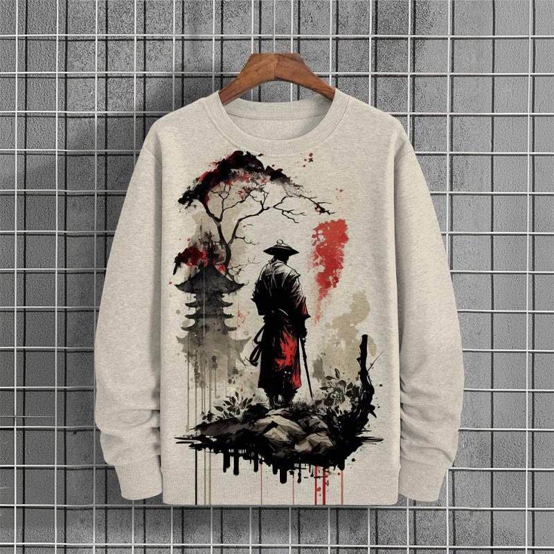 Men's Casual Samurai Print Long Sleeve Sweatshirt - Apricot - 6XL - image 2