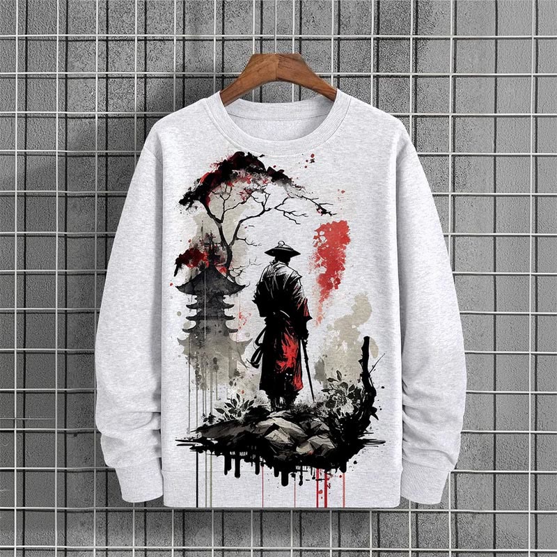 Men's Casual Samurai Print Long Sleeve Sweatshirt - Light Gray - 6XL - image 1