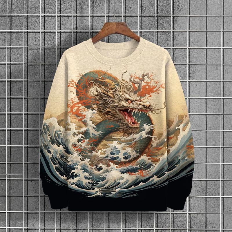 Men's Wave And Dragon Printt Long Sleeve Sweatshirt - Apricot - 6XL - image 1