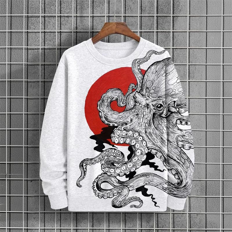 Men's Casual Octopus Print Long Sleeve Sweatshirt - Light Gray - 6XL - image 1