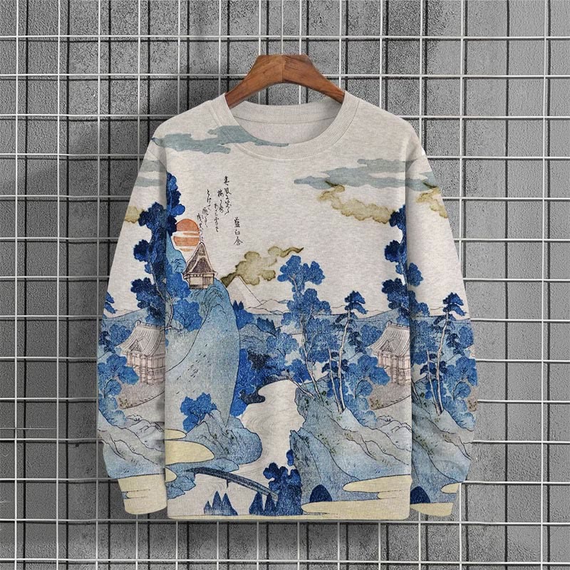 Men's Casual Japanese Ukiyo-e Print Long Sleeve Sweatshirt - Grey - 6XL - image 1