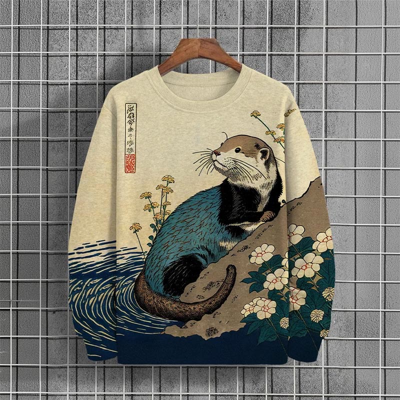 Men's Casual Japanese Style Otter Print Long Sleeve Sweatshirt - Khaki - 6XL - image 1