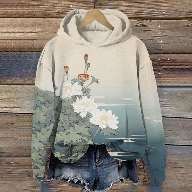 Women's Floral Art Pattern Long Sleeved Hoodie - Apricot - US44-46(8XL) - image 1
