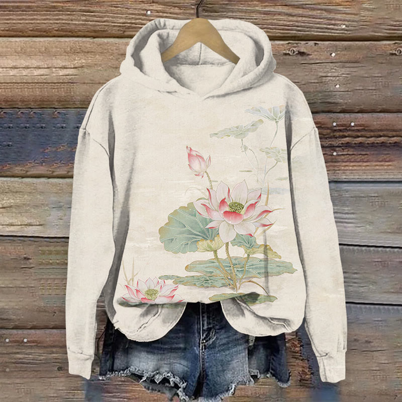 Women's Lotus Art Pattern Long Sleeved Hoodie - Apricot - US44-46(8XL) - image 1
