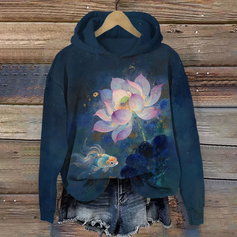 Lotus And Whale Art Print Long Sleeved Hoodie - Dark Blue - US44-46(8XL) - image 1