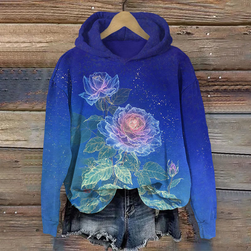 Sparkling Floral Print Long-Sleeved Hoodie - Royal Blue - US44-46(8XL) - image 1