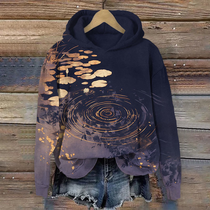 Pond Lotus Leaf Water Drop Print Long Sleeve Hoodie - Dark Blue - US44-46(8XL) - image 1
