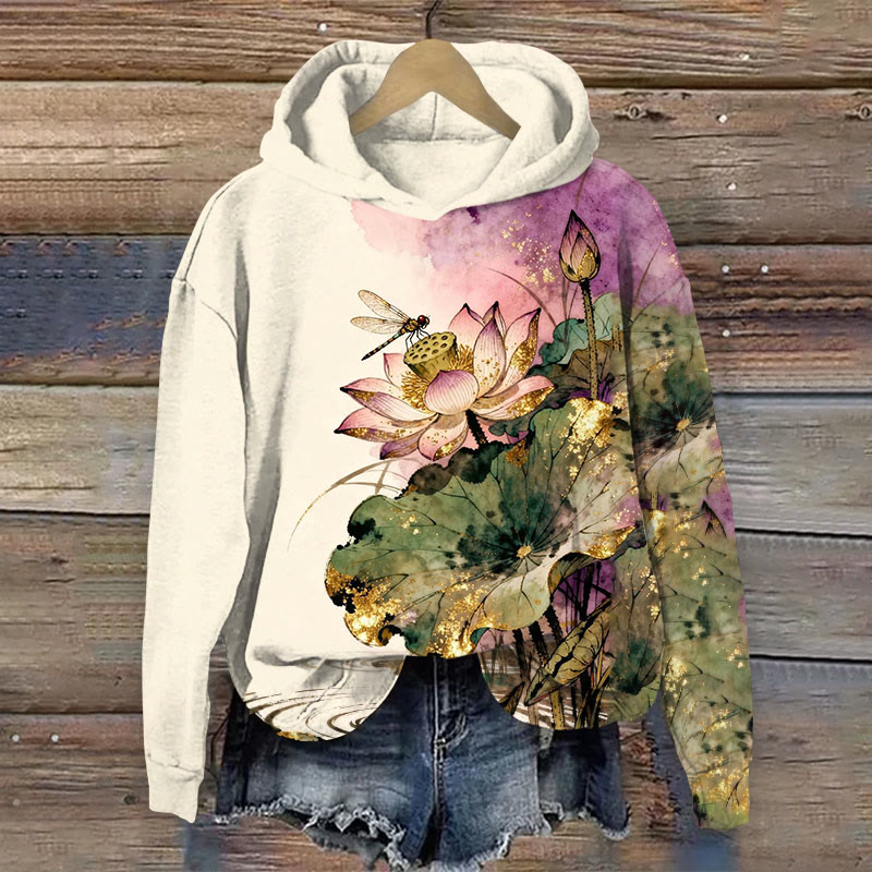 Pond Lotus Bee Print Long Sleeve Hoodie - Apricot - US44-46(8XL) - image 1