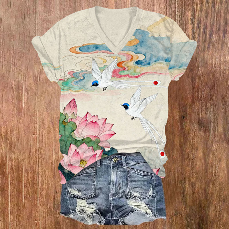 Romantic Floral And White Phoenix Art Pattern Short Sleeved Printed T-Shirt - Beige - US32-34(5XL) - image 1