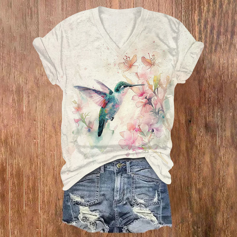 Romantic Floral And Bird Art Patterns Short Sleeved Printed T-Shirt - Beige - US32-34(5XL) - image 1