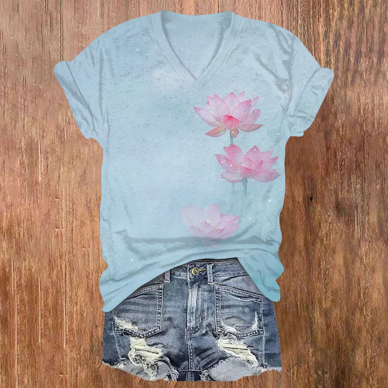 Romantic Pink Lotus Pattern Short Sleeved V-Neck T-Shirt - Blue - US32-34(5XL) - image 1