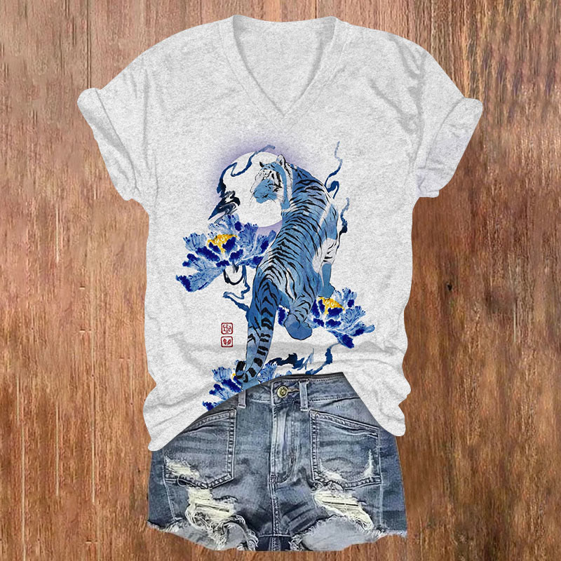 Japanese Style Floral Tiger Print Short Sleeved V-Neck T-Shirt - Light Gray - US32-34(5XL) - image 1