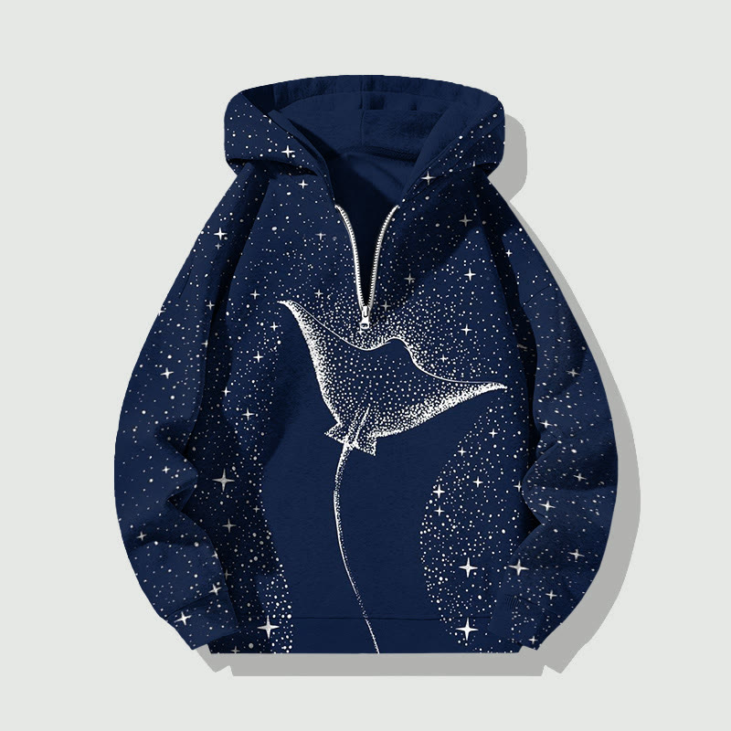 Unisex Starry Spotted Eagle Rays Half Zip Hoodie - Navy Blue - US32-34(5XL) - image 1