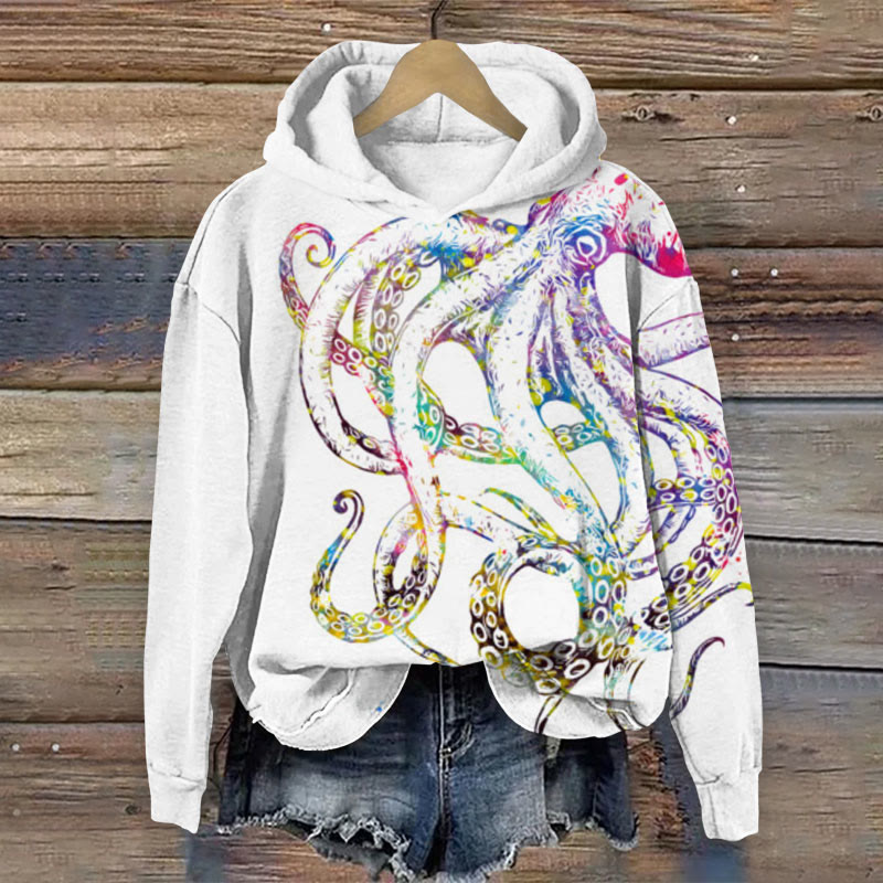 Colorful Octopus Art Print Long-Sleeved Hoodie - Blue - 8XL - image 2