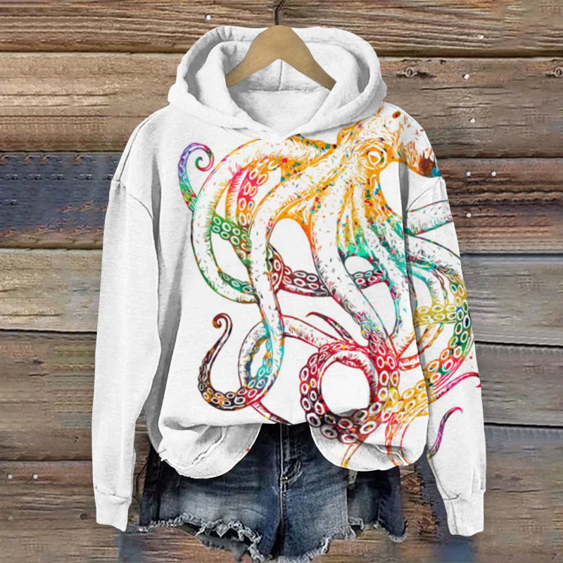 Colorful Octopus Art Print Long-Sleeved Hoodie - Orange - 8XL - image 1